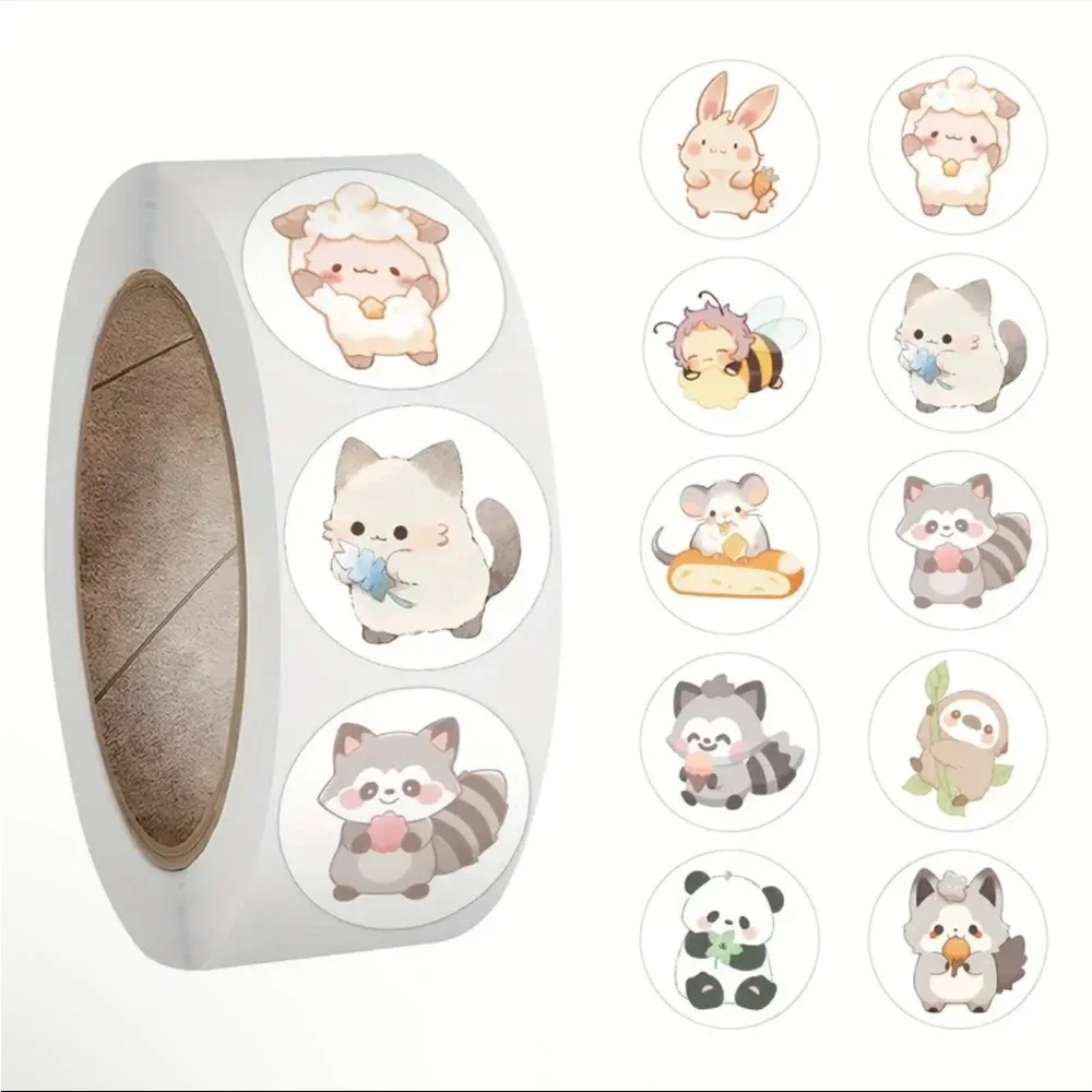 Roll of 500 Round Cute Animal Stickers Bunny Sheep Kitty Bee Fox Panda Mouse